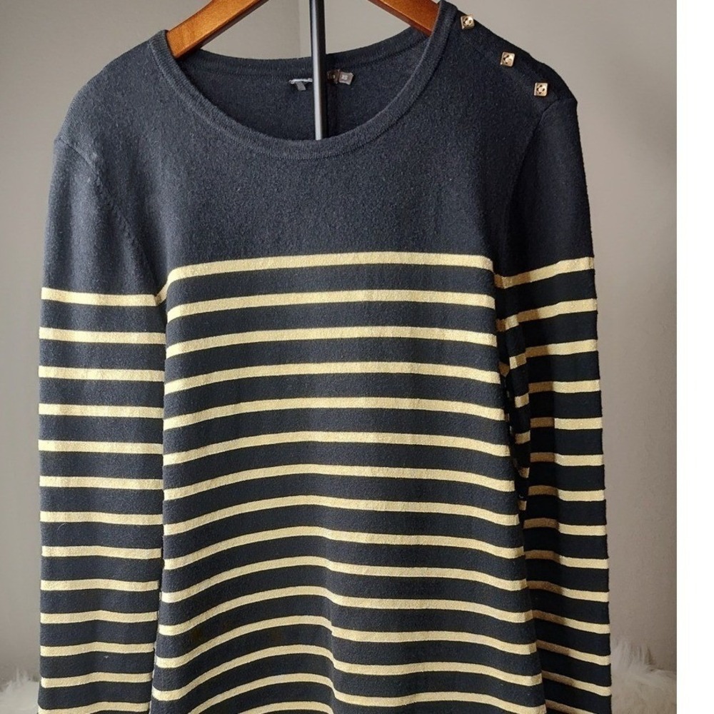 Striped Long Sleeve Gold Button Shoulder Knit Top